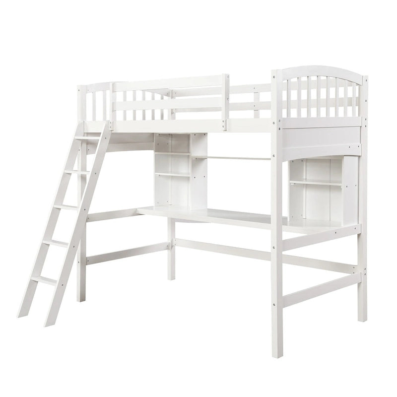 Lit mezzanine double en bois massif blanc avec bureau