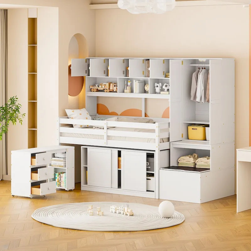 Lit mezzanine double en bois avec grand espace de rangement et bureau sous le lit