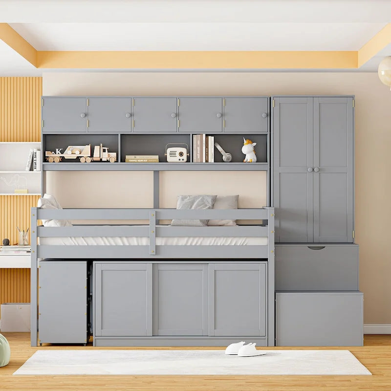 Lit mezzanine double en bois avec grand espace de rangement et bureau sous le lit