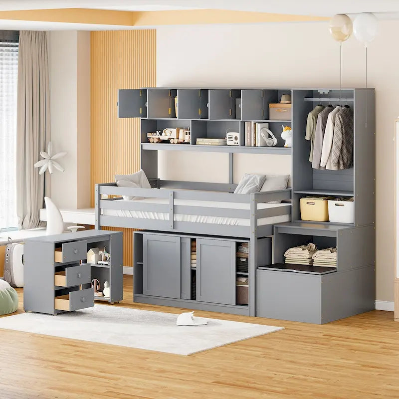 Lit mezzanine double en bois avec grand espace de rangement et bureau sous le lit