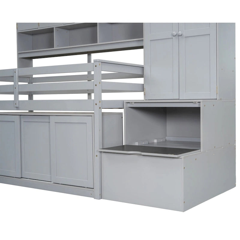 Lit mezzanine double en bois avec grand espace de rangement et bureau sous le lit