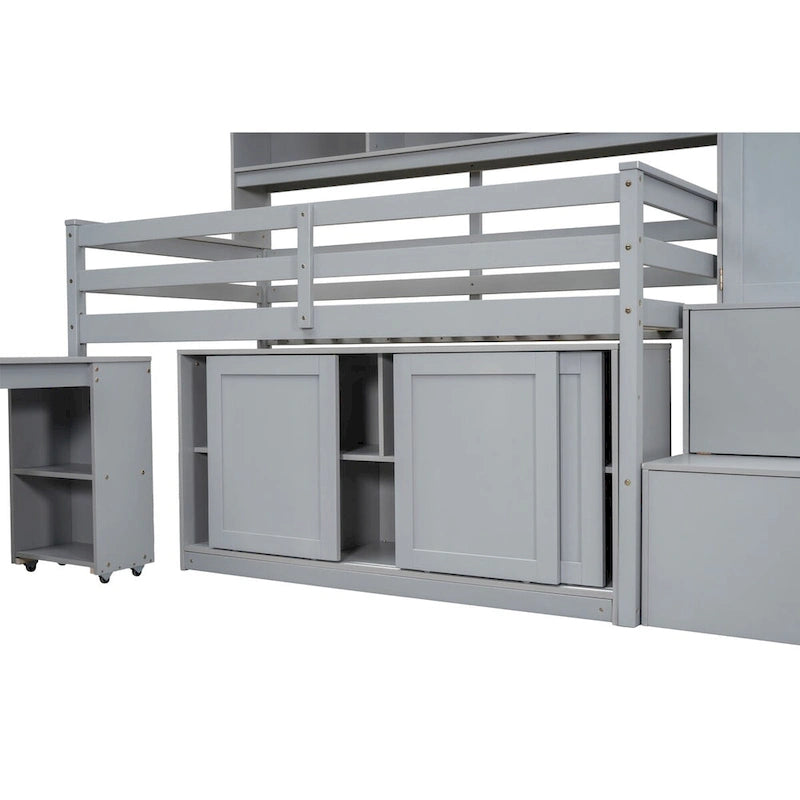 Lit mezzanine double en bois avec grand espace de rangement et bureau sous le lit