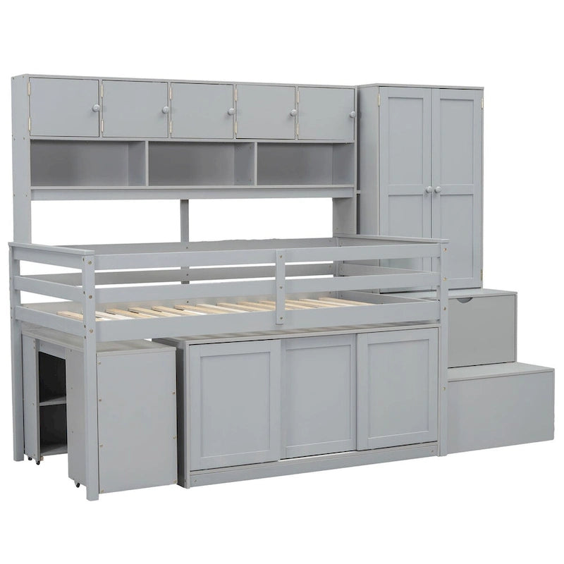 Lit mezzanine double en bois avec grand espace de rangement et bureau sous le lit
