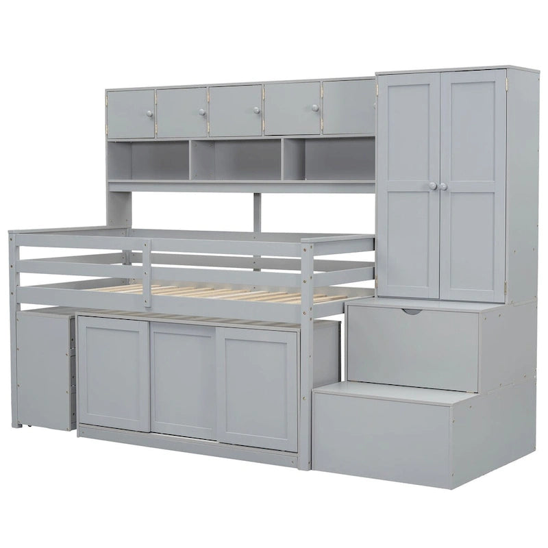 Lit mezzanine double en bois avec grand espace de rangement et bureau sous le lit
