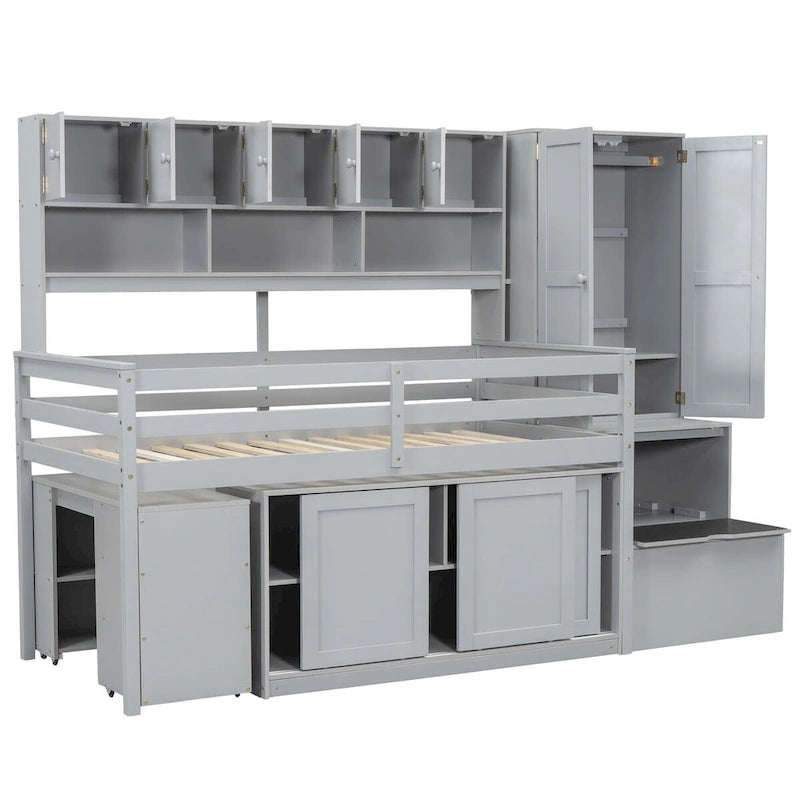 Lit mezzanine double en bois avec grand espace de rangement et bureau sous le lit