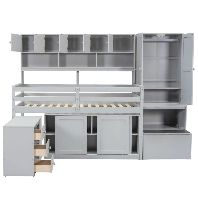 Lit mezzanine double en bois avec grand espace de rangement et bureau sous le lit
