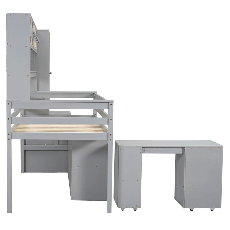 Lit mezzanine double en bois avec grand espace de rangement et bureau sous le lit