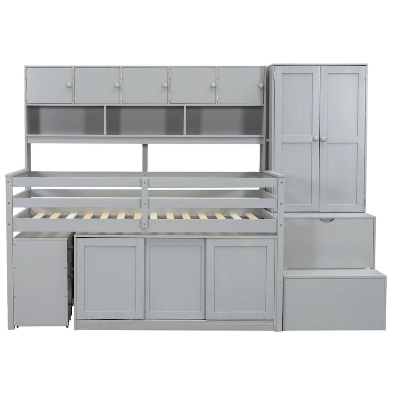 Lit mezzanine double en bois avec grand espace de rangement et bureau sous le lit