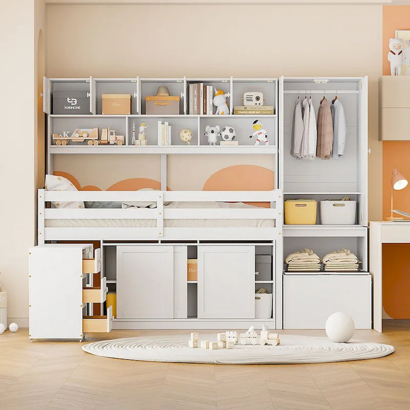 Lit mezzanine double en bois avec grand espace de rangement et bureau sous le lit