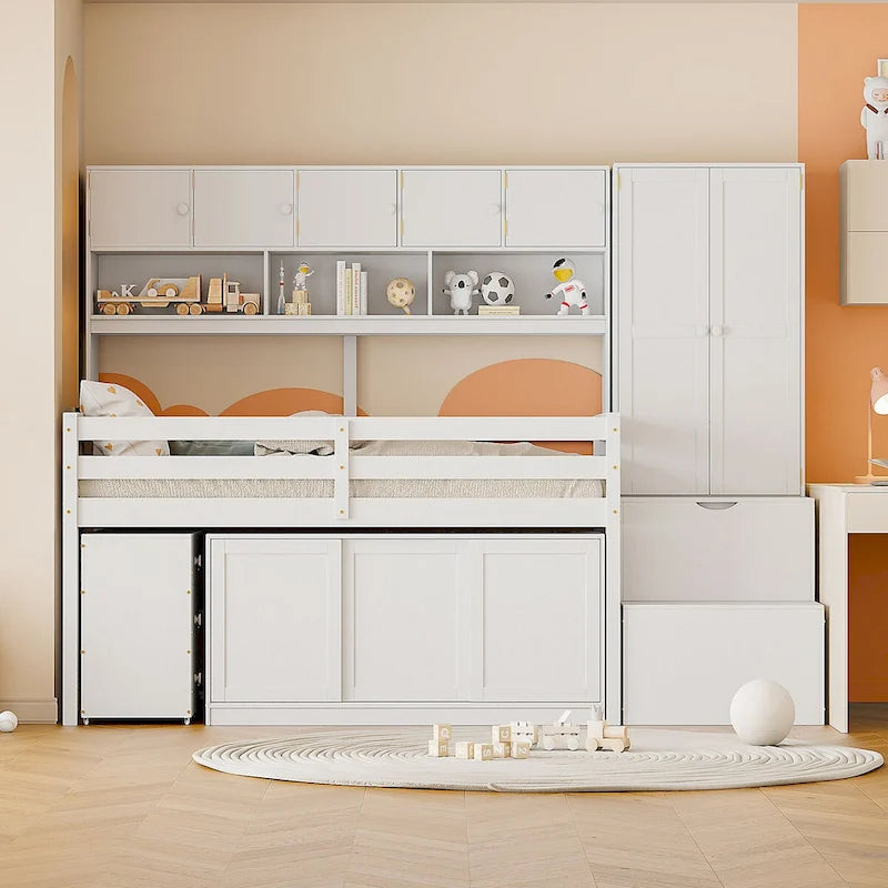 Lit mezzanine double en bois avec grand espace de rangement et bureau sous le lit