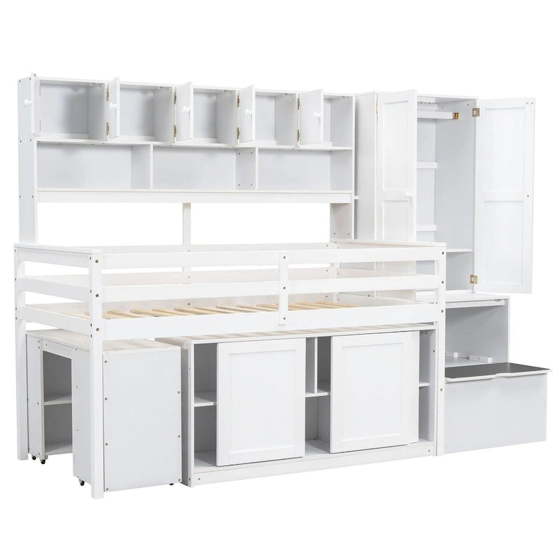 Lit mezzanine double en bois avec grand espace de rangement et bureau sous le lit