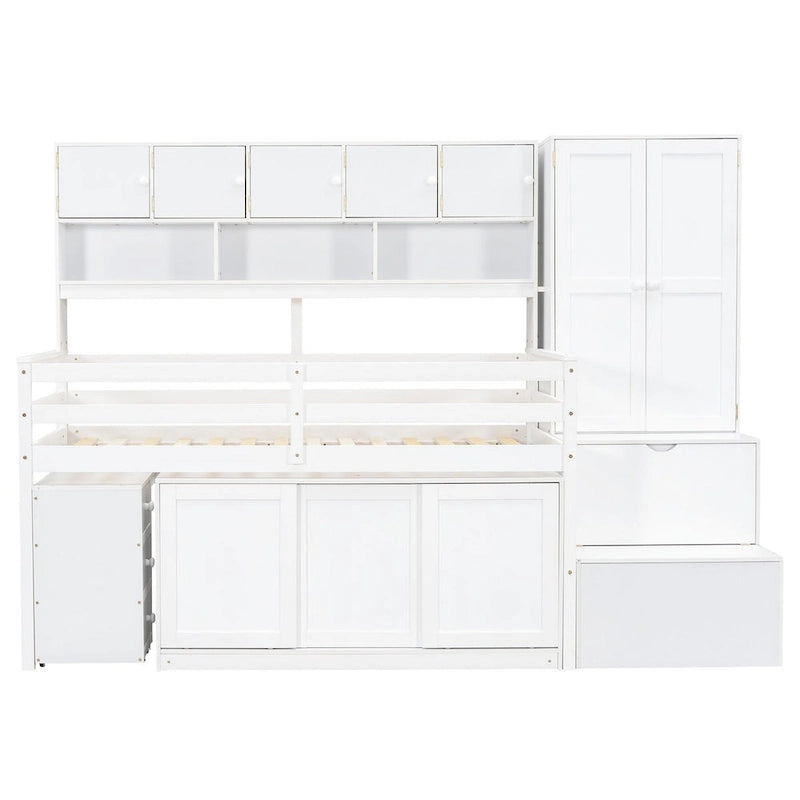Lit mezzanine double en bois avec grand espace de rangement et bureau sous le lit