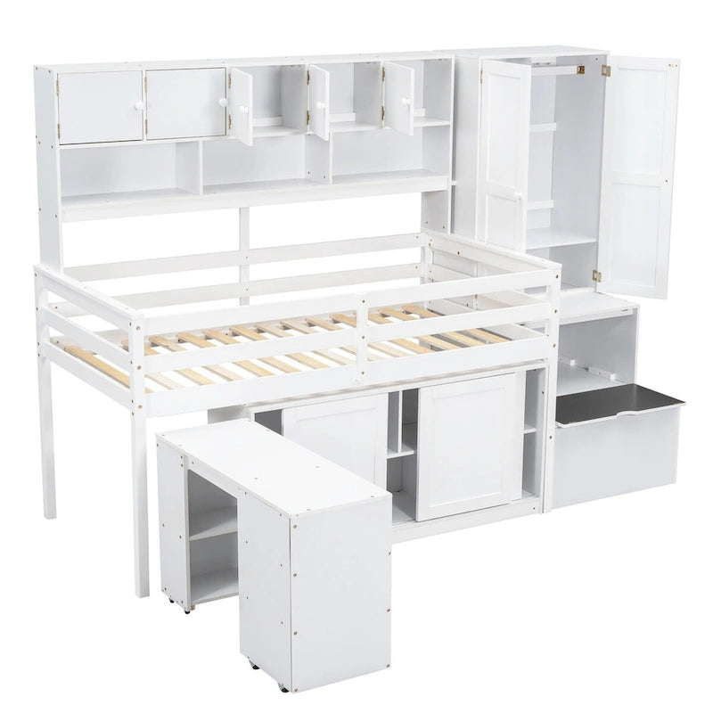 Lit mezzanine double en bois avec grand espace de rangement et bureau sous le lit