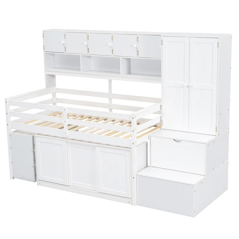 Lit mezzanine double en bois avec grand espace de rangement et bureau sous le lit