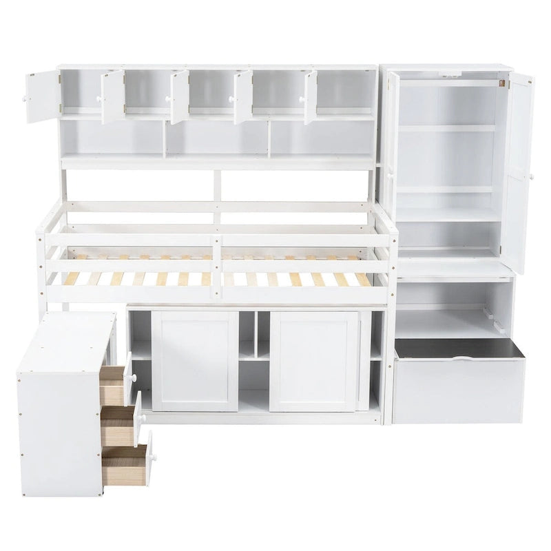 Lit mezzanine double en bois avec grand espace de rangement et bureau sous le lit