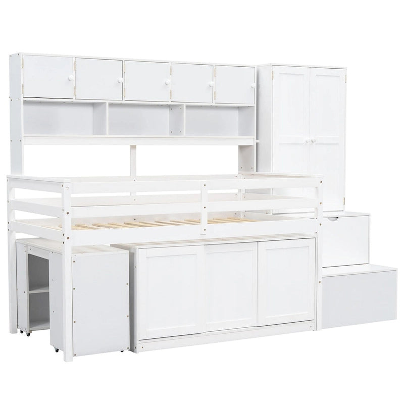 Lit mezzanine double en bois avec grand espace de rangement et bureau sous le lit