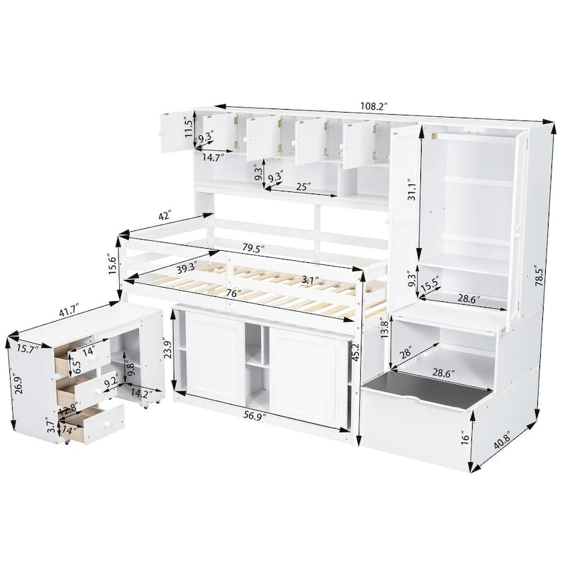 Lit mezzanine double en bois avec grand espace de rangement et bureau sous le lit