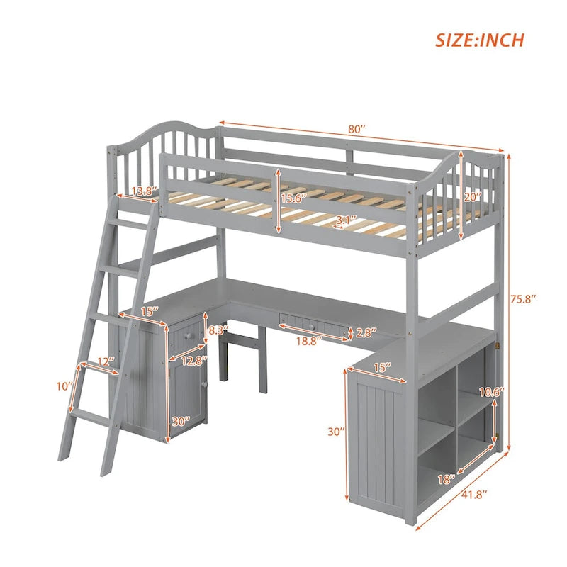 Lit mezzanine double avec tiroirs, armoire, étagères et bureau, lit mezzanine en bois avec bureau