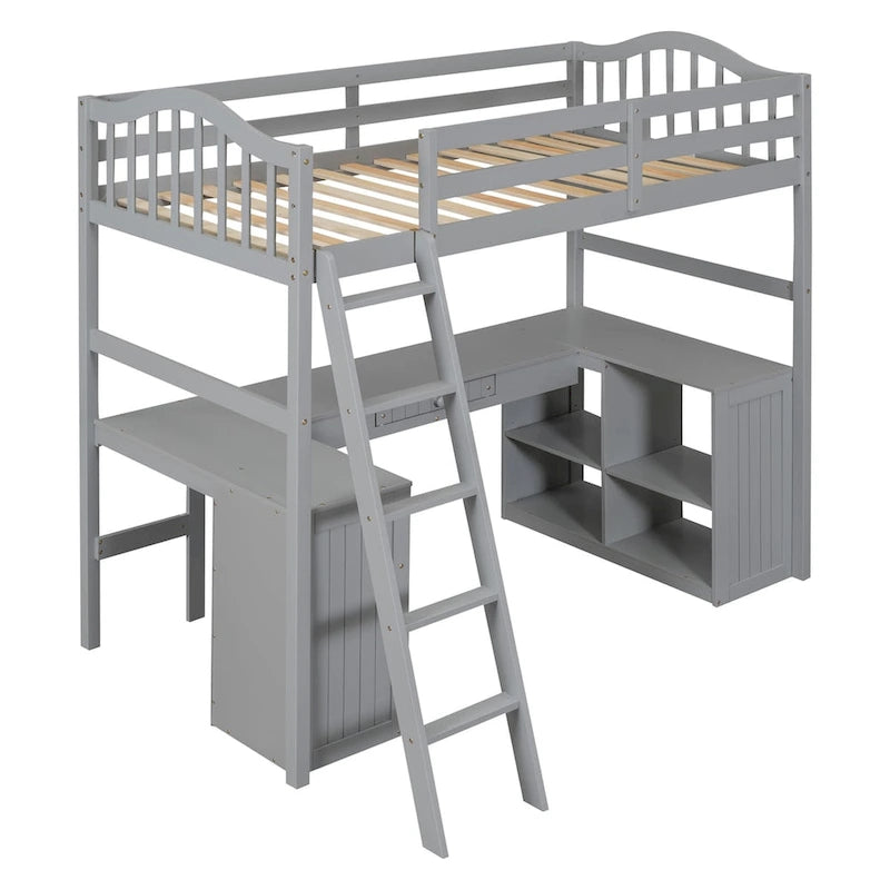 Lit mezzanine double avec tiroirs, armoire, étagères et bureau, lit mezzanine en bois avec bureau