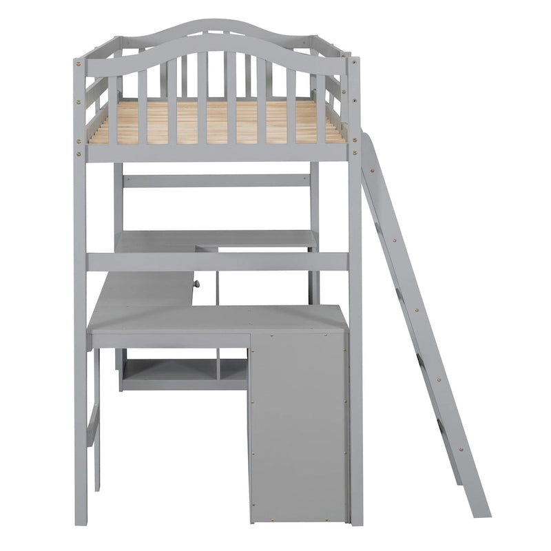Lit mezzanine double avec tiroirs, armoire, étagères et bureau, lit mezzanine en bois avec bureau