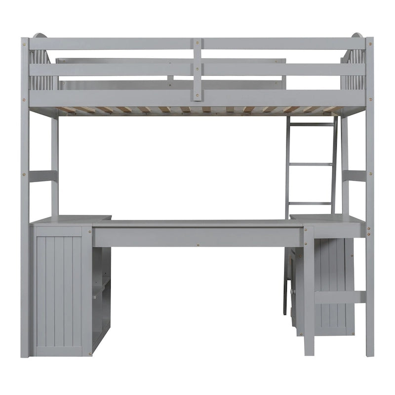 Lit mezzanine double avec tiroirs, armoire, étagères et bureau, lit mezzanine en bois avec bureau