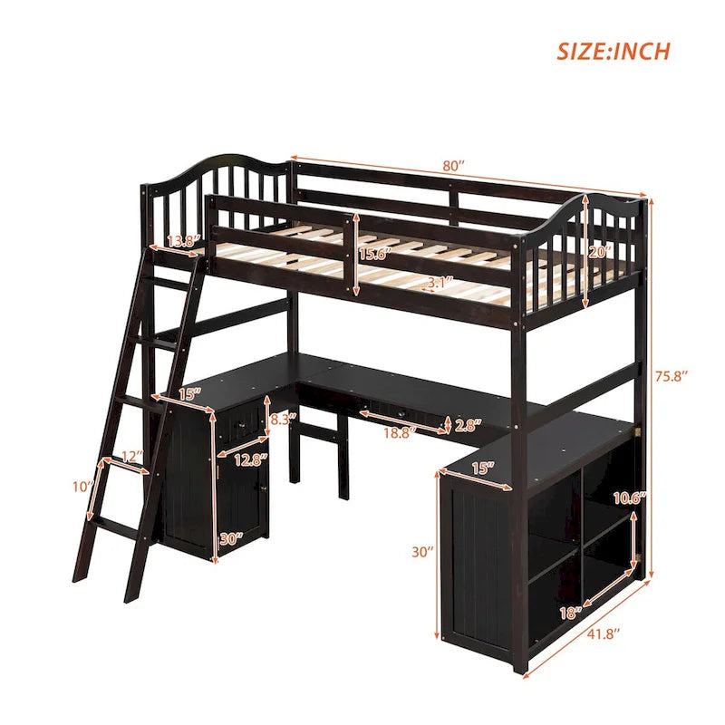 Lit mezzanine double avec tiroirs, armoire, étagères et bureau, lit mezzanine en bois avec bureau