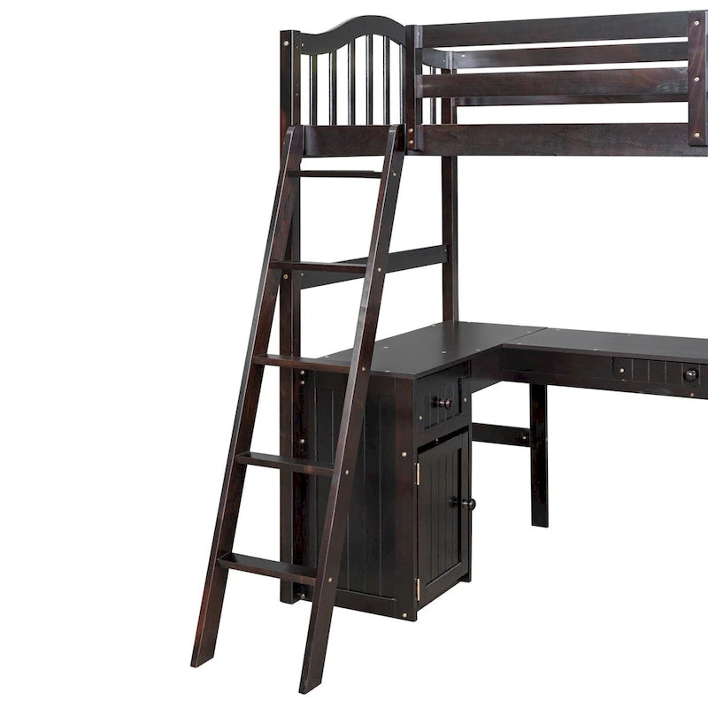 Lit mezzanine double avec tiroirs, armoire, étagères et bureau, lit mezzanine en bois avec bureau
