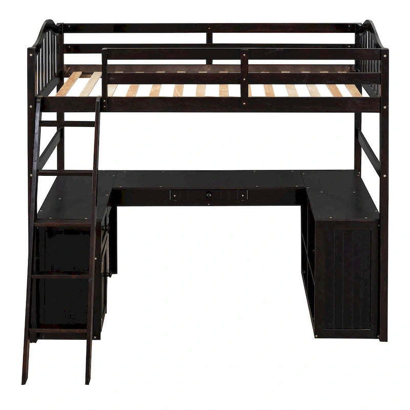 Lit mezzanine double avec tiroirs, armoire, étagères et bureau, lit mezzanine en bois avec bureau