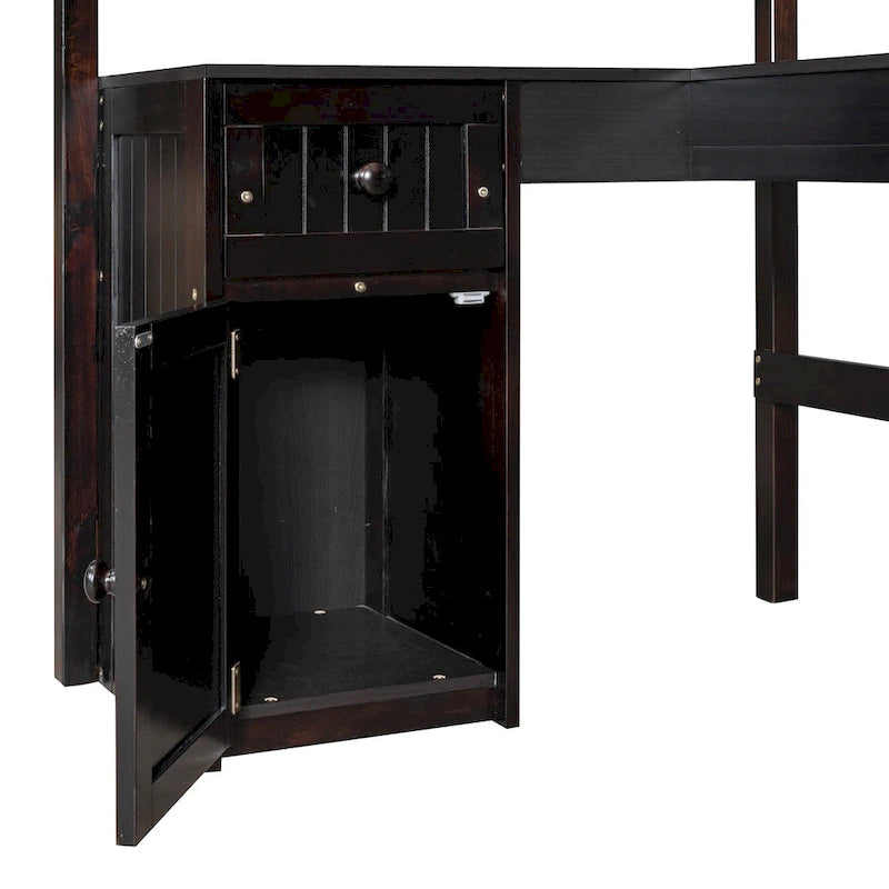 Lit mezzanine double avec tiroirs, armoire, étagères et bureau, lit mezzanine en bois avec bureau
