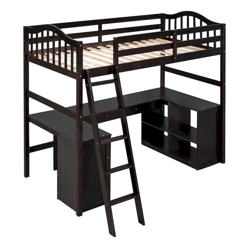 Lit mezzanine double avec tiroirs, armoire, étagères et bureau, lit mezzanine en bois avec bureau