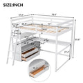 Full Size Loft Bed with Desk and Shelves, Two Built-in Drawers