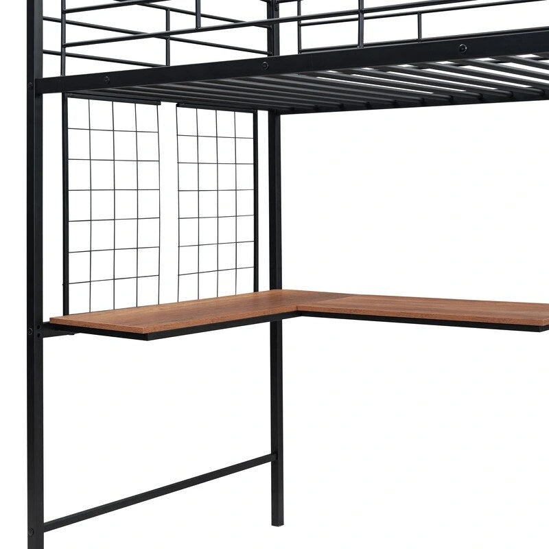 Lit mezzanine métallique une place avec bureau, grille et armoire