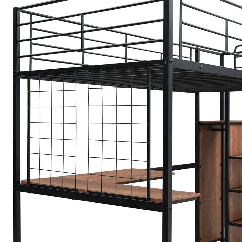 Lit mezzanine métallique une place avec bureau, grille et armoire