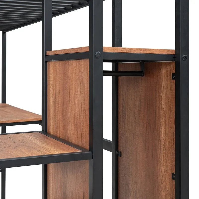 Lit mezzanine métallique une place avec bureau, grille et armoire
