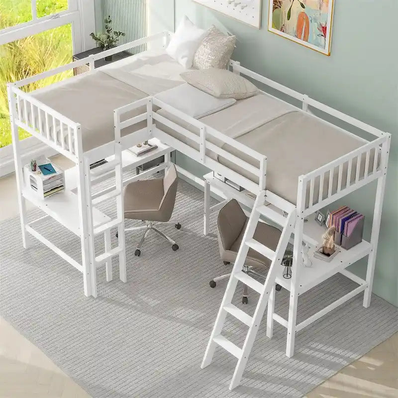 Lit mezzanine d'angle en bois, taille double, avec échelle et 2 bureaux intégrés