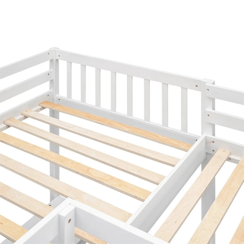 Lit mezzanine d'angle en bois, taille double, avec échelle et 2 bureaux intégrés