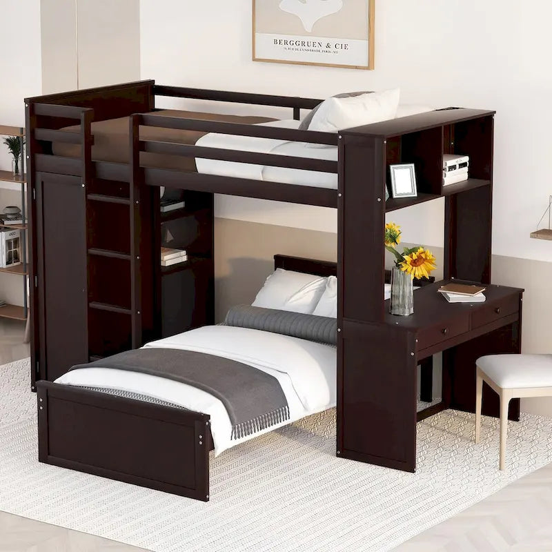 Twin Size Loft Bed with a Stand-Alone Bed, Shelves, Desk, and Wardrobe