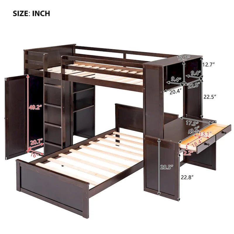 Lit mezzanine simple avec lit indépendant, étagères, bureau et armoire