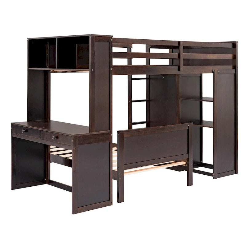 Twin Size Loft Bed with a Stand-Alone Bed, Shelves, Desk, and Wardrobe
