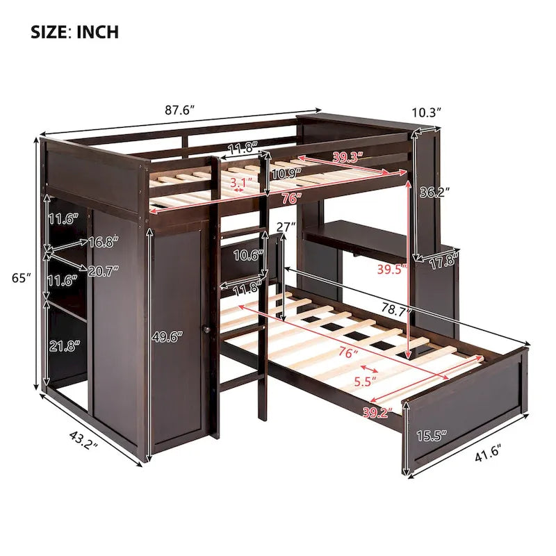 Lit mezzanine simple avec lit indépendant, étagères, bureau et armoire