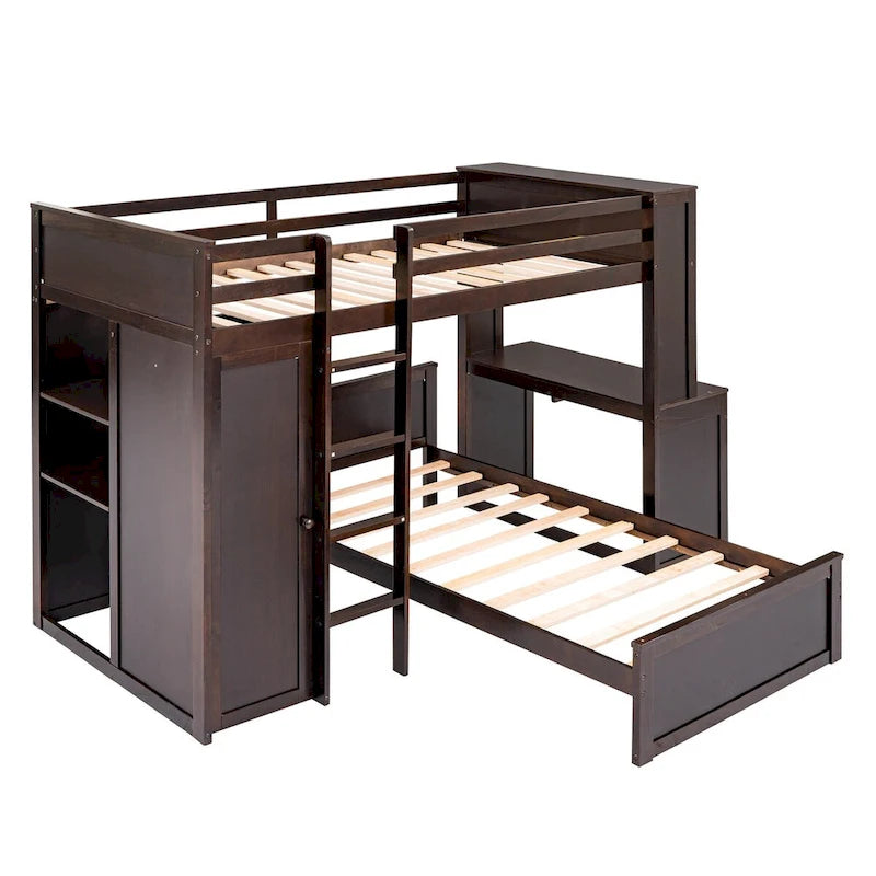 Lit mezzanine simple avec lit indépendant, étagères, bureau et armoire