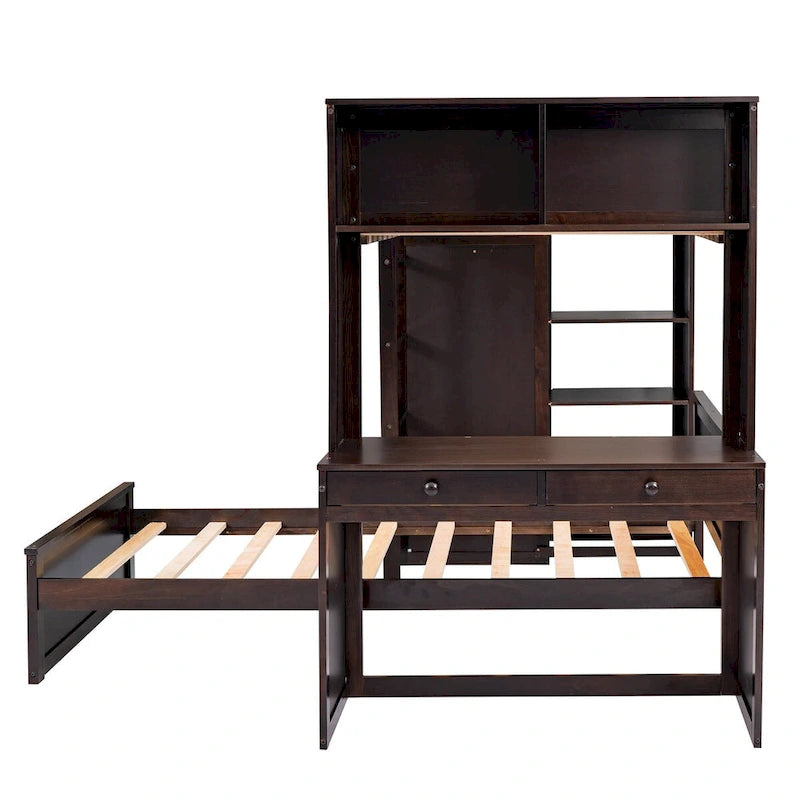 Lit mezzanine simple avec lit indépendant, étagères, bureau et armoire