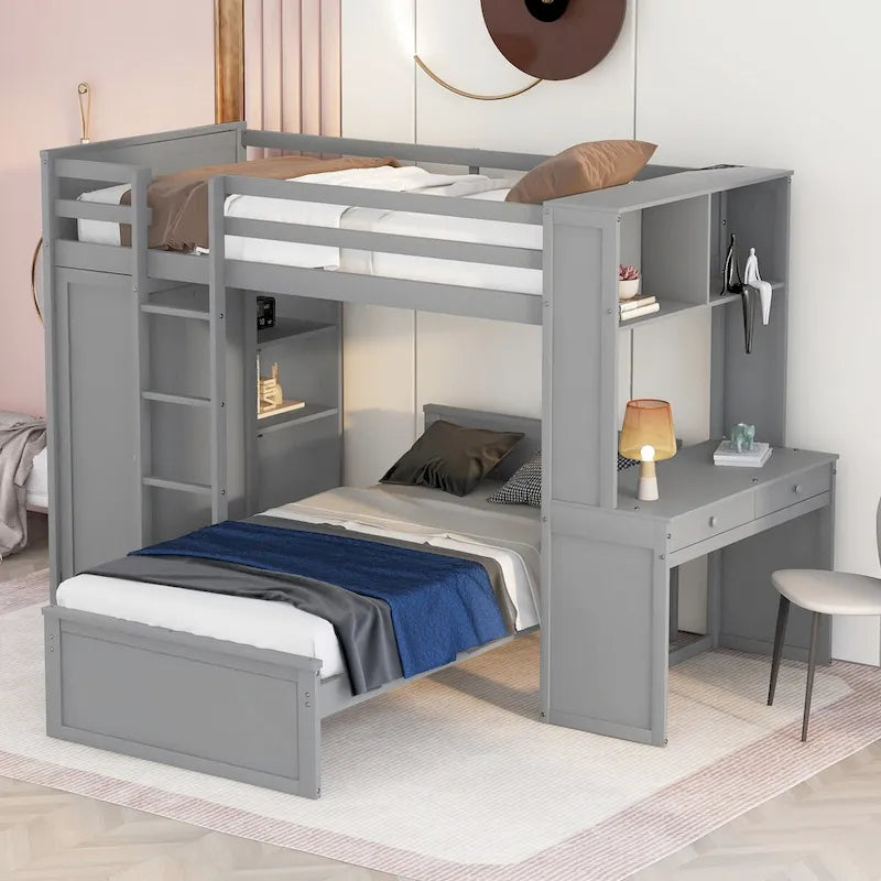 Lit mezzanine simple avec lit indépendant, étagères, bureau et armoire