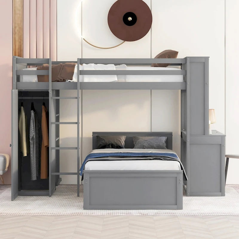 Lit mezzanine simple avec lit indépendant, étagères, bureau et armoire
