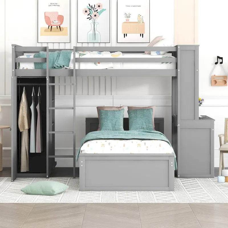 Lit mezzanine simple avec lit indépendant, étagères, bureau et armoire