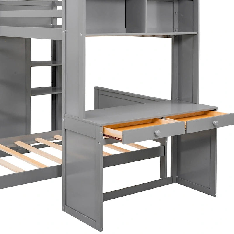 Lit mezzanine simple avec lit indépendant, étagères, bureau et armoire