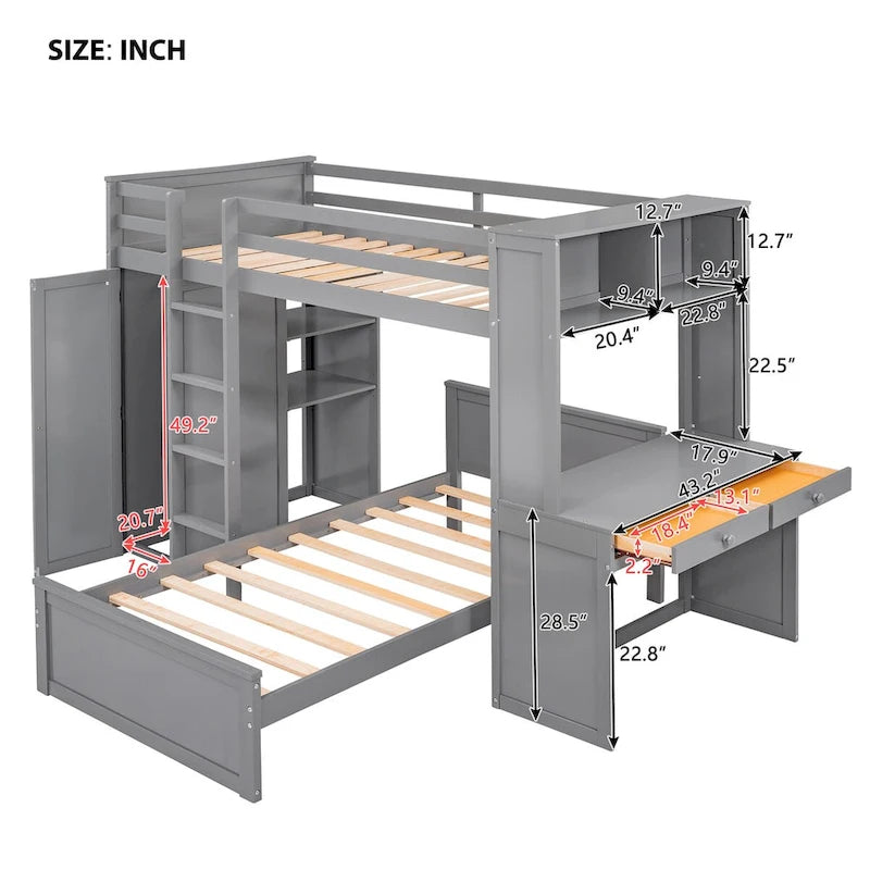 Lit mezzanine simple avec lit indépendant, étagères, bureau et armoire
