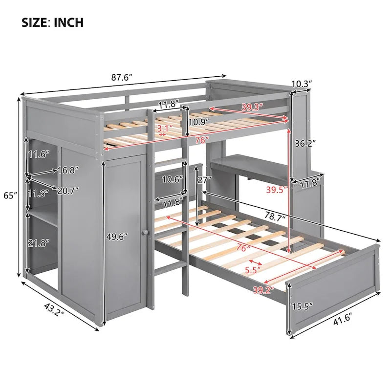 Lit mezzanine simple avec lit indépendant, étagères, bureau et armoire