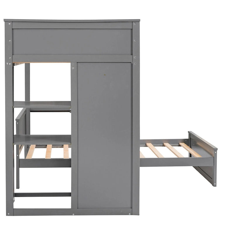 Lit mezzanine simple avec lit indépendant, étagères, bureau et armoire