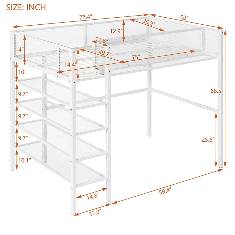 Lit mezzanine en métal blanc avec étagères à 4 niveaux, poste de travail et barrière de sécurité sur toute la longueur